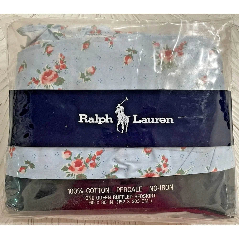 Vtg 80s NEW Ralph Lauren QUEEN Ruffled Bedskirt Calico Rose Blue NIP‎
